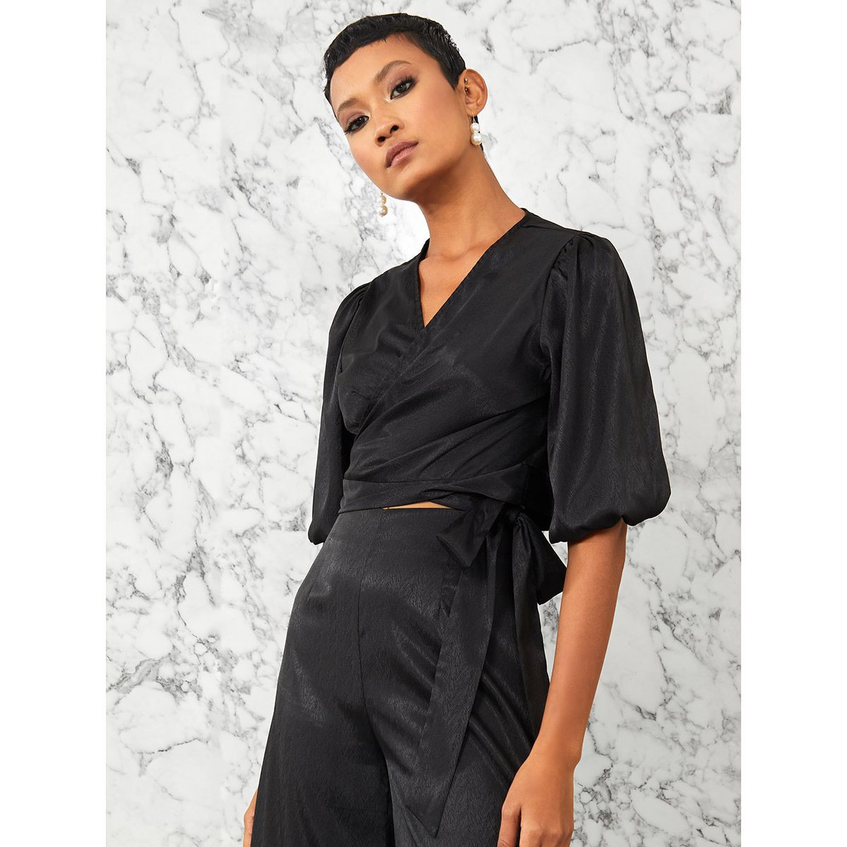 Styli Puff Sleeves Wrap Crop Top and Wide Leg Trouser Co-Ord Set-women-clothing-shirtsandblouses-blouses-image-3