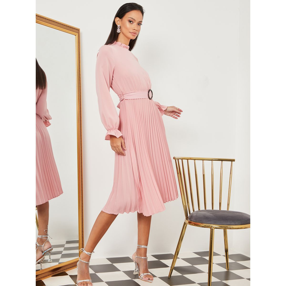 Styli High Neck Pleated A-Line Midi Dress-women-clothing-dresses-image-1