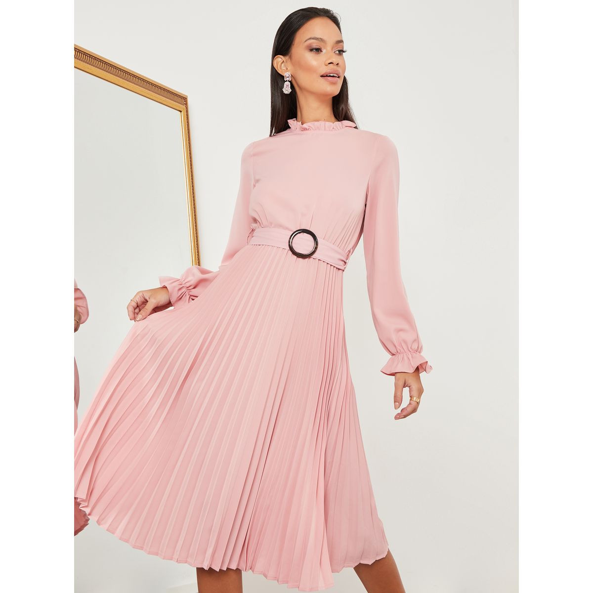 Styli High Neck Pleated A-Line Midi Dress-women-clothing-dresses-image-2