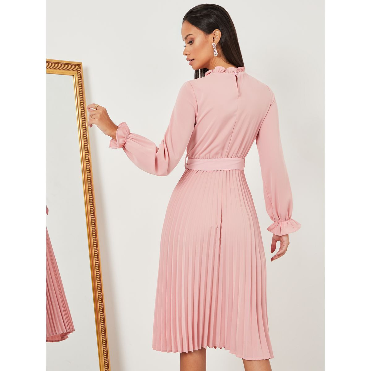 Styli High Neck Pleated A-Line Midi Dress-women-clothing-dresses-image-4