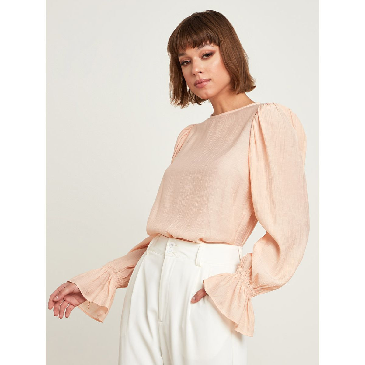Styli Frill Cuff Long Sleeves Round Neck Blouse-women-clothing-shirtsandblouses-blouses-image-1