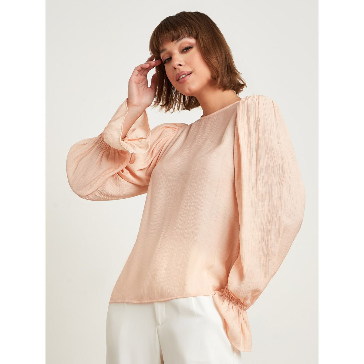 Styli Frill Cuff Long Sleeves Round Neck Blouse-women-clothing-shirtsandblouses-blouses-image-3