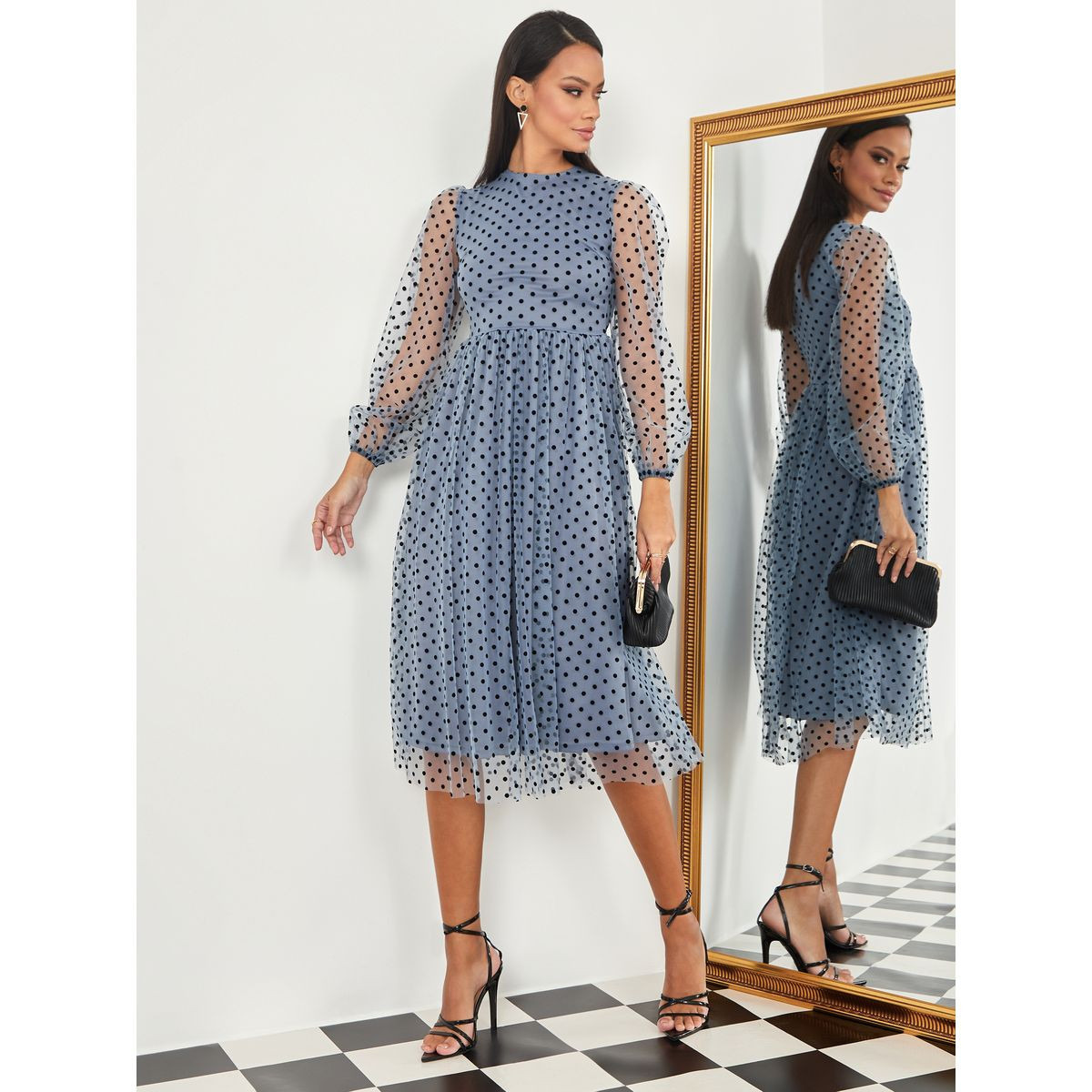Styli Long Sleeves Polka Mesh Insert A-Line Midi Dress-women-clothing-dresses-image-1