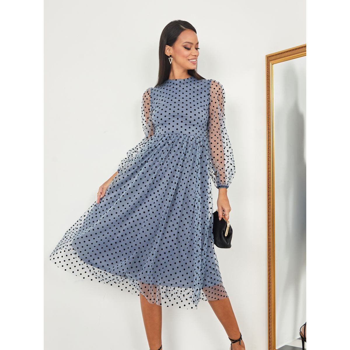 Styli Long Sleeves Polka Mesh Insert A-Line Midi Dress-women-clothing-dresses-image-2