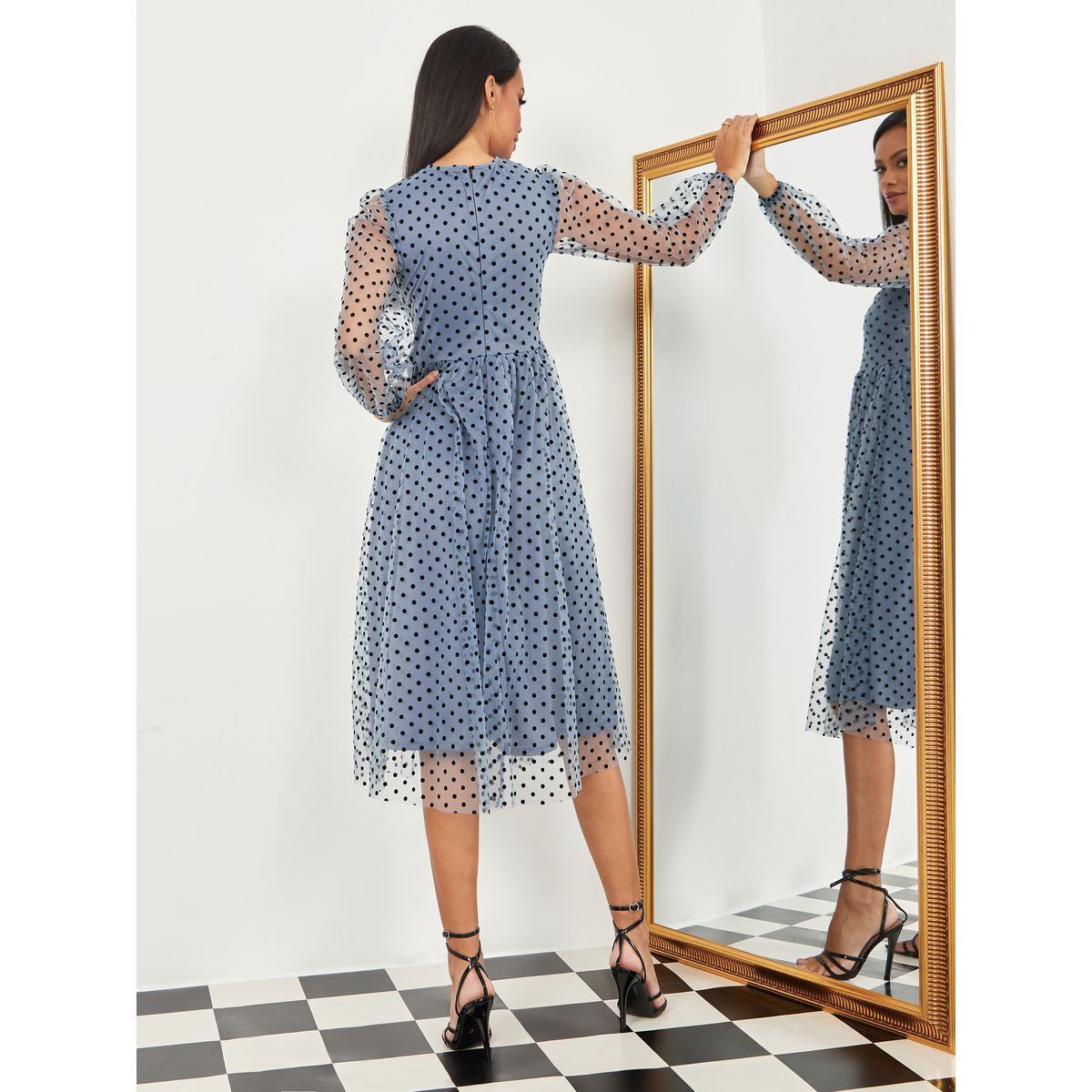 Styli Long Sleeves Polka Mesh Insert A-Line Midi Dress-women-clothing-dresses-image-4