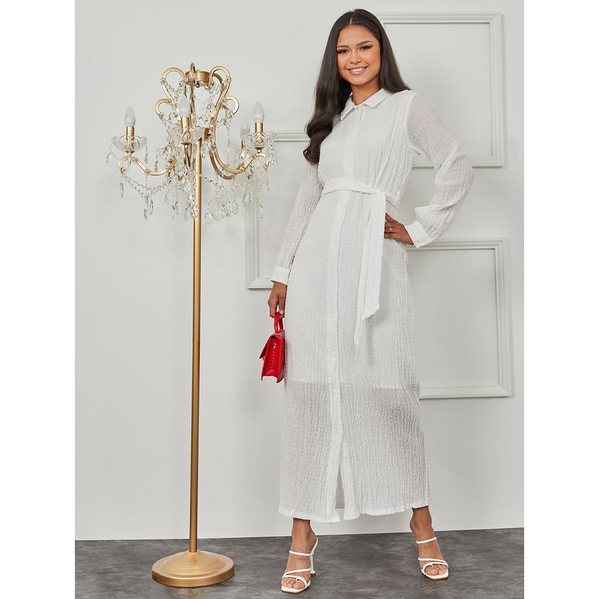 Styli Premium Belted Shirt Dress with Textured Fabric-women-clothing-dresses-image-1
