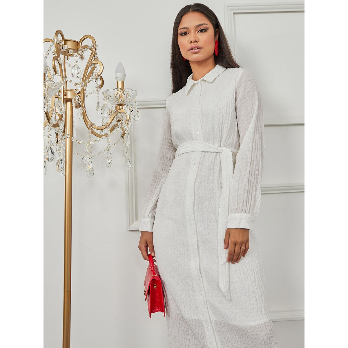 Styli Premium Belted Shirt Dress with Textured Fabric-women-clothing-dresses-image-2