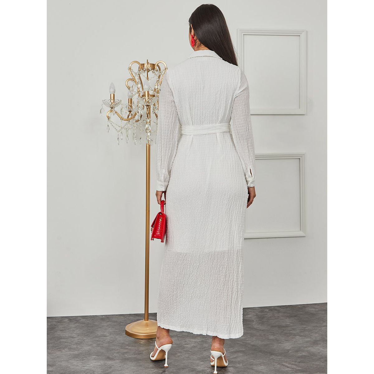 Styli Premium Belted Shirt Dress with Textured Fabric-women-clothing-dresses-image-4
