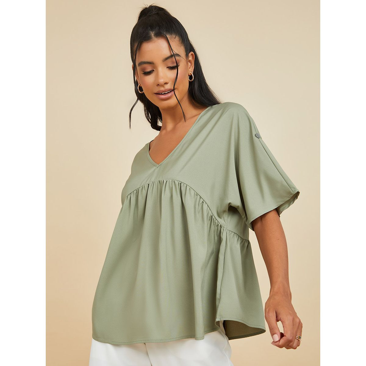 Styli Roll-Up Sleeves V Neck Oversized Fit Blouse-women-clothing-shirtsandblouses-blouses-image-1