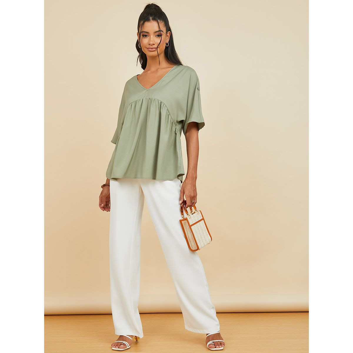 Styli Roll-Up Sleeves V Neck Oversized Fit Blouse-women-clothing-shirtsandblouses-blouses-image-2