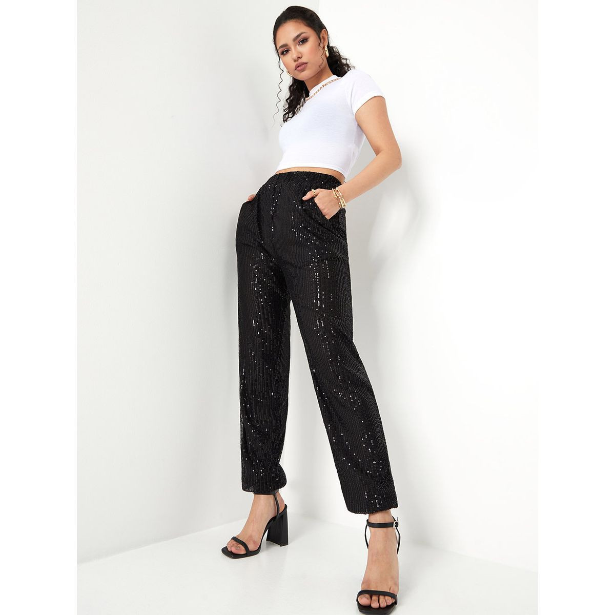 Styli High Rise Sequined Pants with Side Pocket-women-clothing-bottoms-trousers-image-1