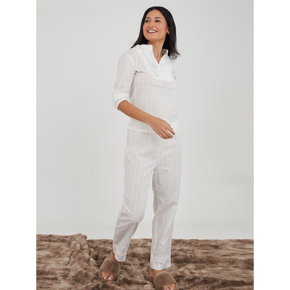 Styli Cotton Dobby Pleated Detail T-shirt and Trouser Set-women-clothing-nightwear-pyjamas-longsets-image-1