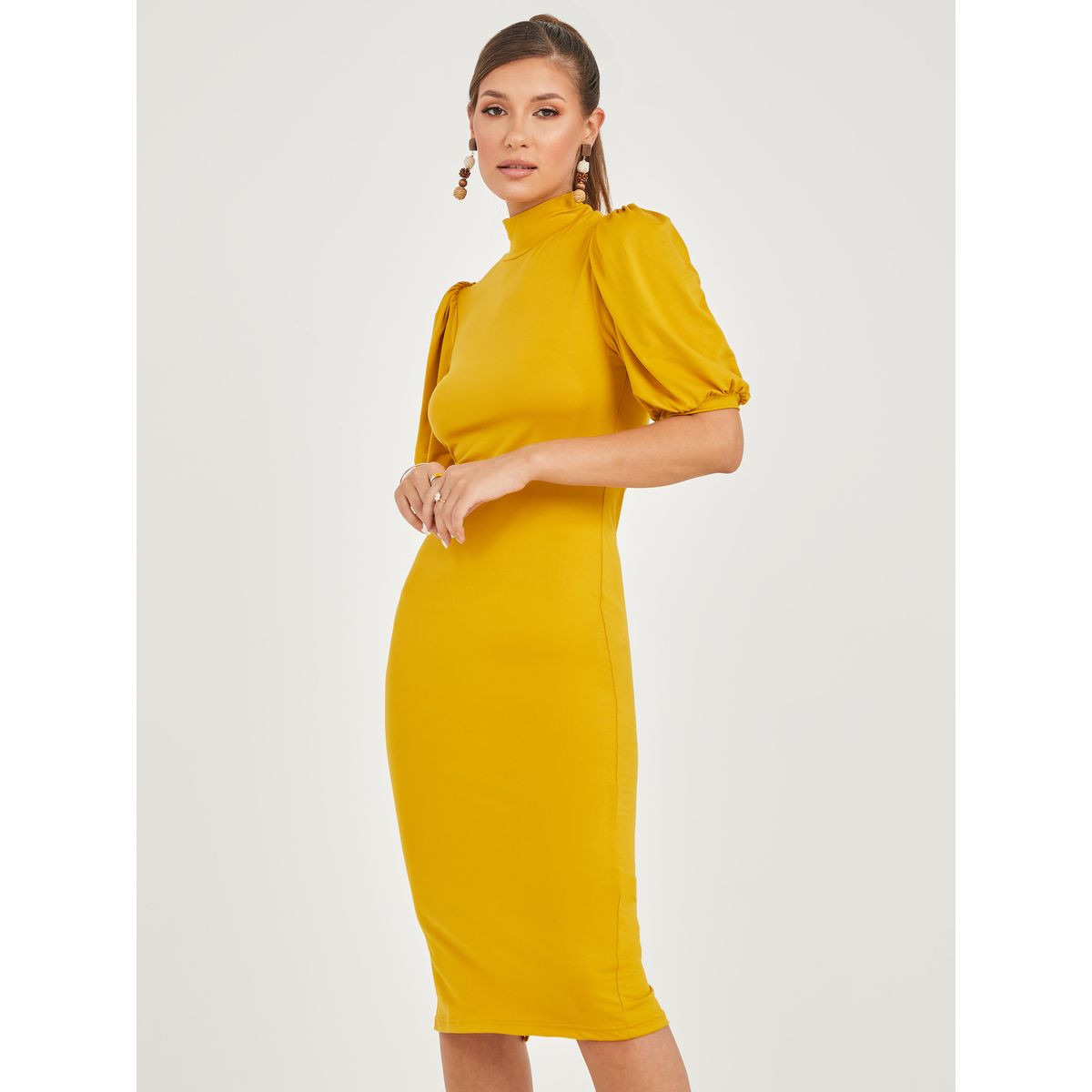 Styli Puff Sleeves High Neck Bodycon Midi Dress-women-clothing-dresses-image-1