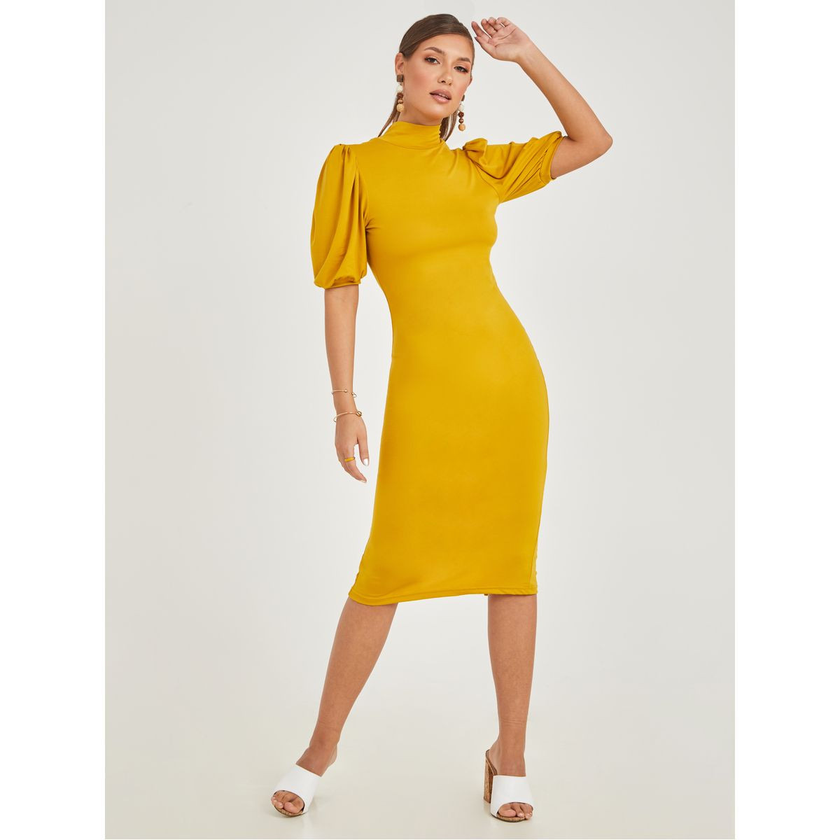 Styli Puff Sleeves High Neck Bodycon Midi Dress-women-clothing-dresses-image-2