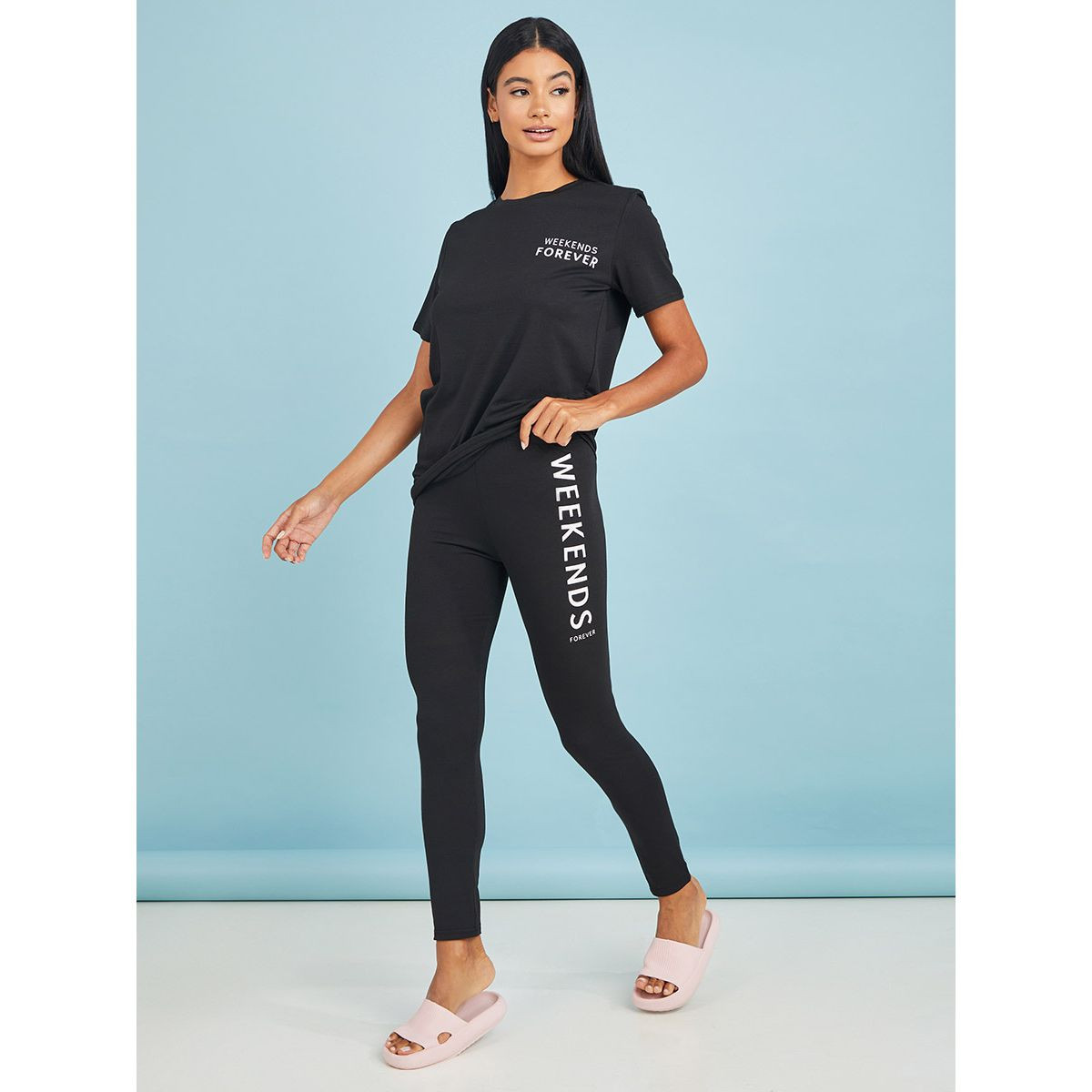 Styli Weekends Slogan Placement T-shirt and Leggings Set-women-clothing-nightwear-pyjamas-longsets-image-1