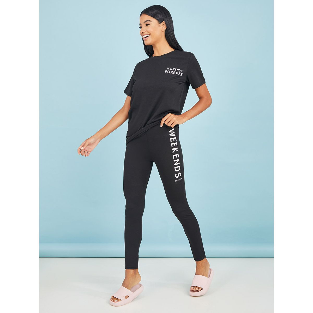Styli Weekends Slogan Placement T-shirt and Leggings Set-women-clothing-nightwear-pyjamas-longsets-image-2