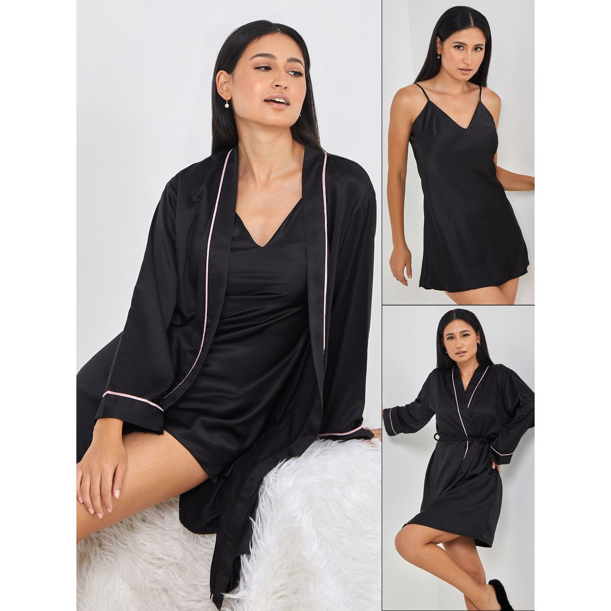 Styli Unwind Pack of 2 - V Neck Slip Dress and Piped Detail Robe-women-clothing-nightwear-robes-image-1