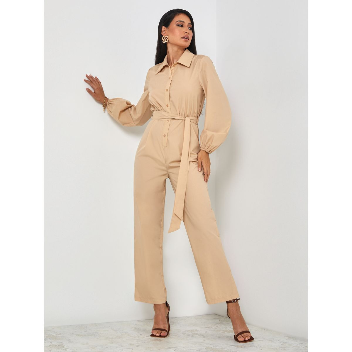 Styli Slim Fit Boiler Jumpsuit with Button and Tie Belt-women-clothing-jumpsuits-image-1