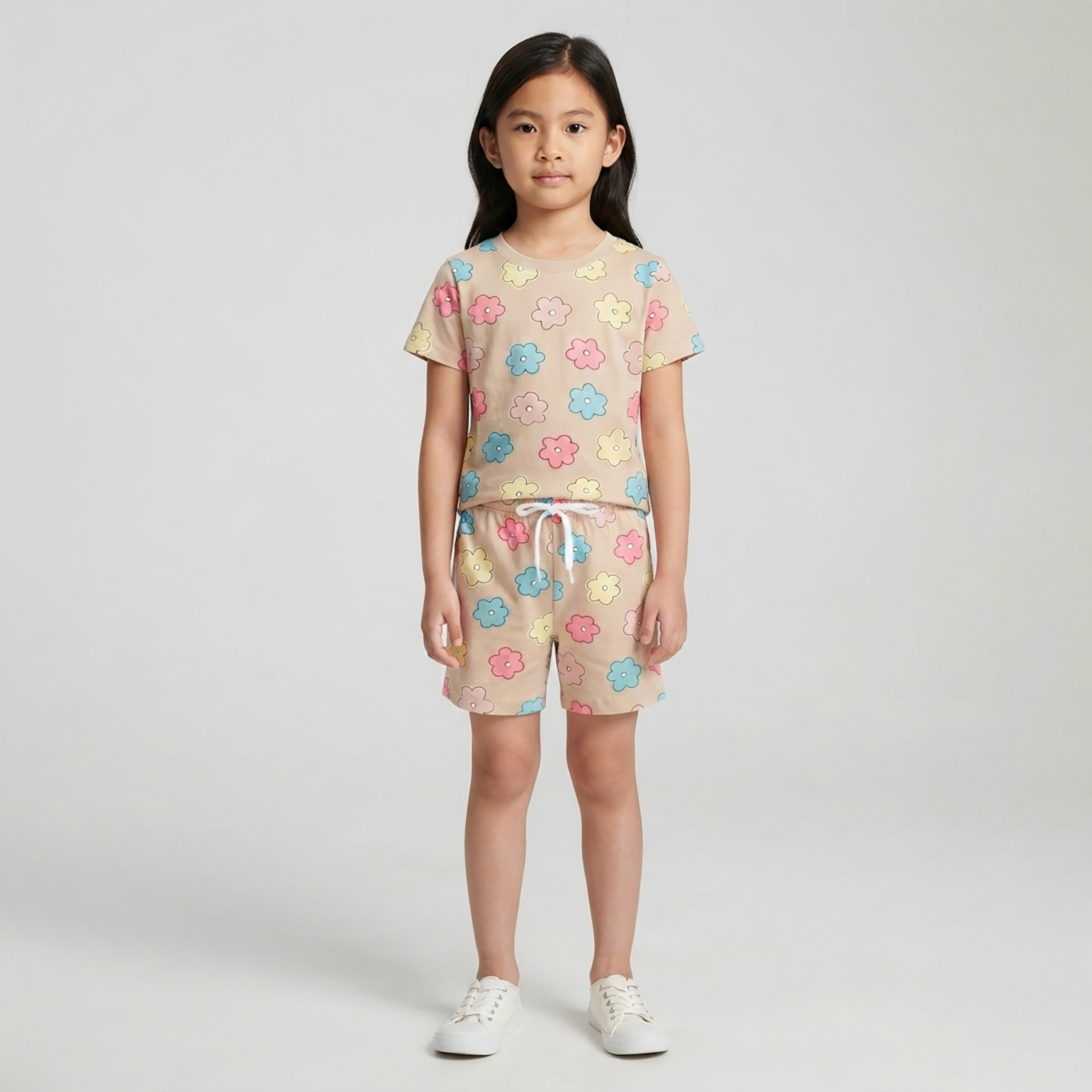 طقم متناسق تيشرت بأكمام قصيرة وبنطال بيجامة بطبعة أزهار من بيبي كلو-baby-girls-clothing-setsandcoords-image-1
