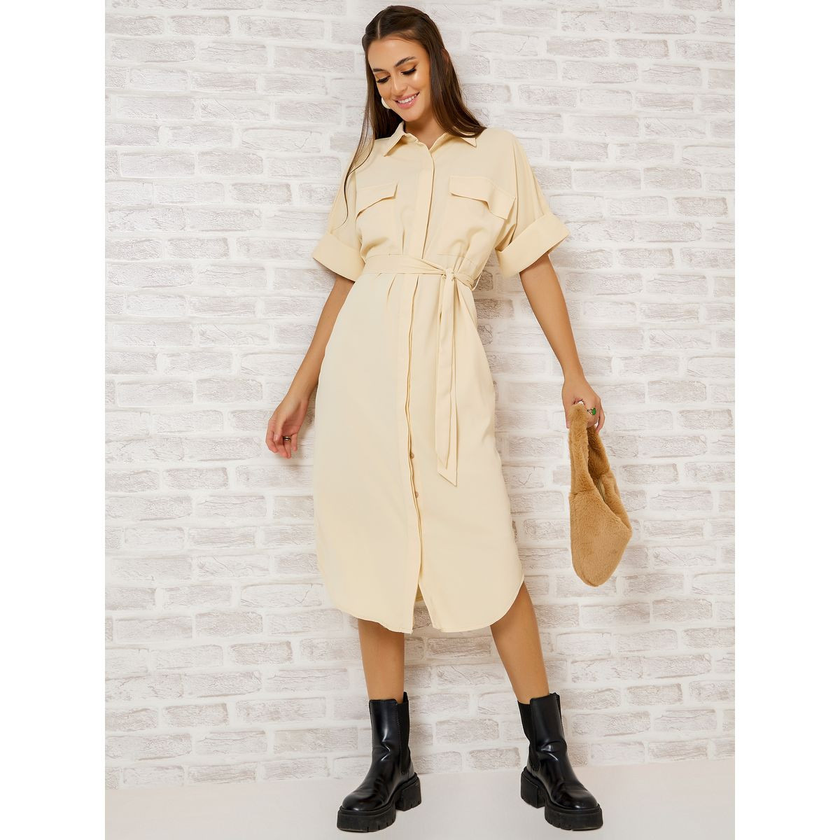 فستان ميدي باكمام مطوية-women-clothing-dresses-image-1