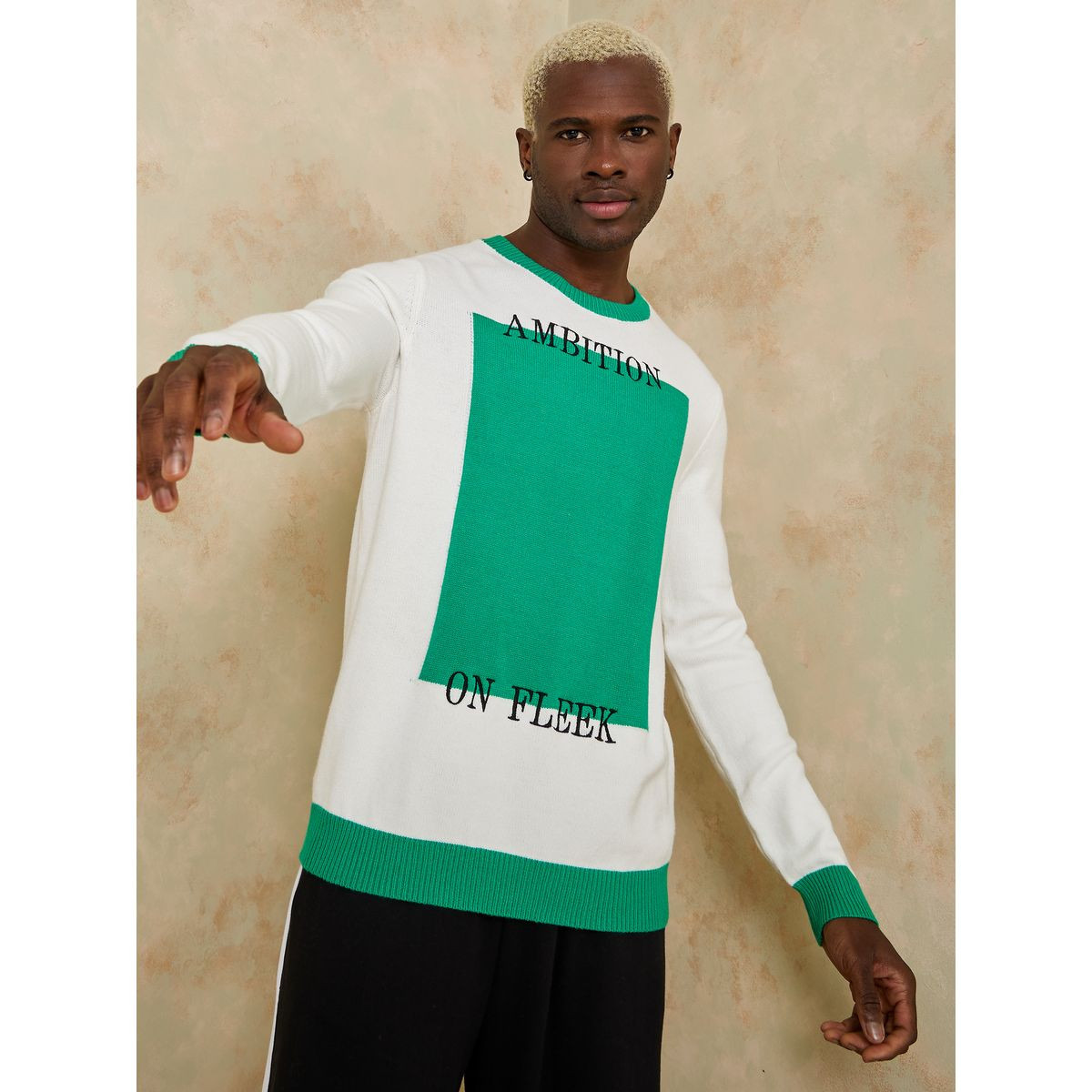 Buy Men s Styli Chest and Sleeves Colorblock Slogan Print Knitted Sweater Online Centrepoint Kuwait