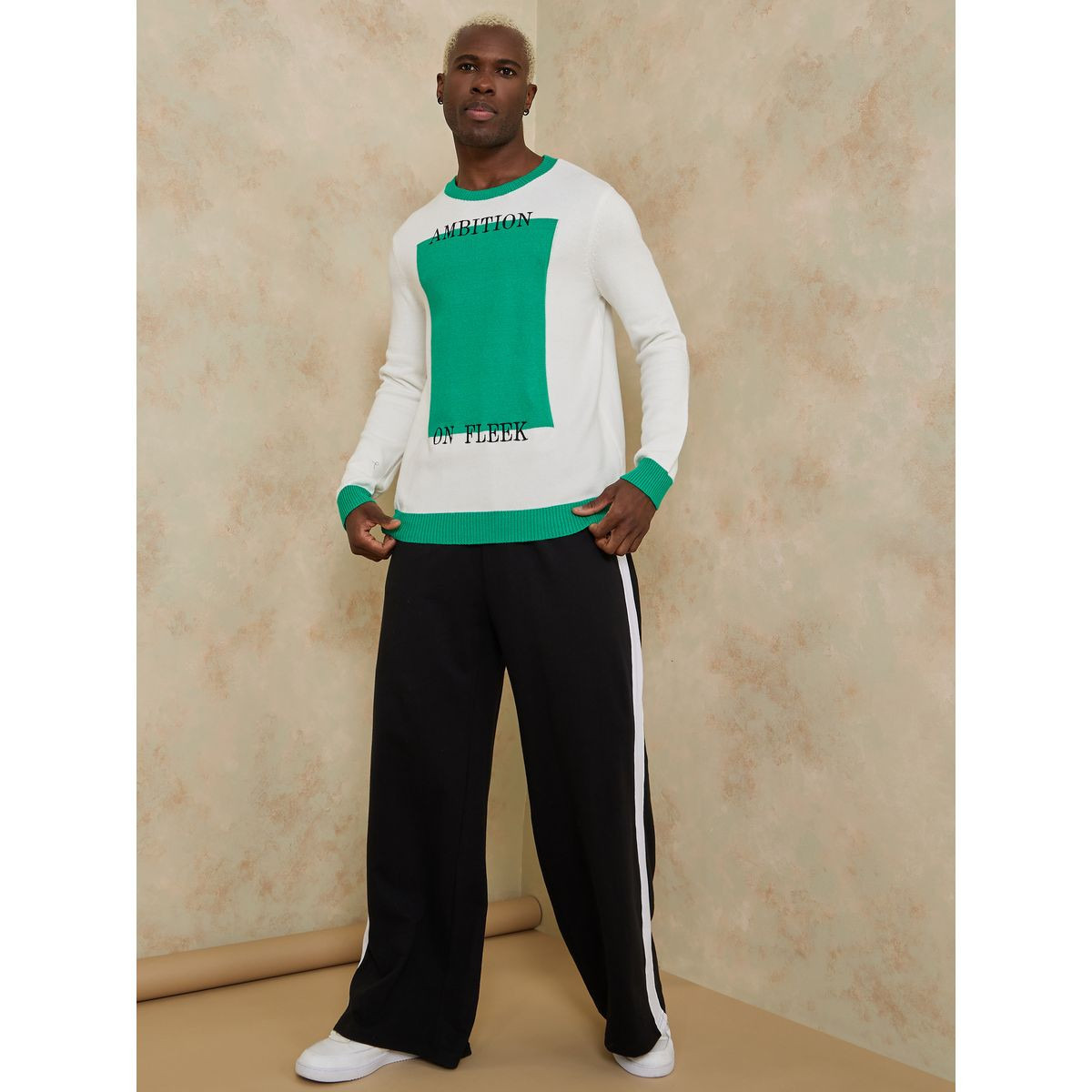 Styli Chest and Sleeves Colorblock Slogan Print Knitted Sweater-men-clothing-sweatersandpullovers-image-2