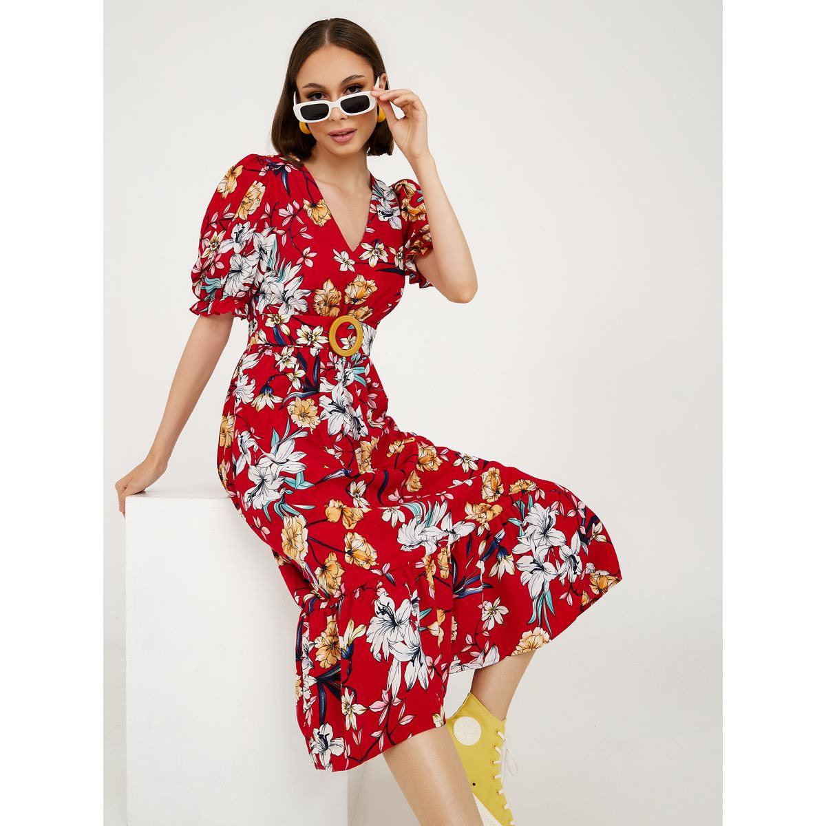 Styli Puff Sleeves Floral Print A-Line Midi Dress with Belt-women-clothing-dresses-image-1