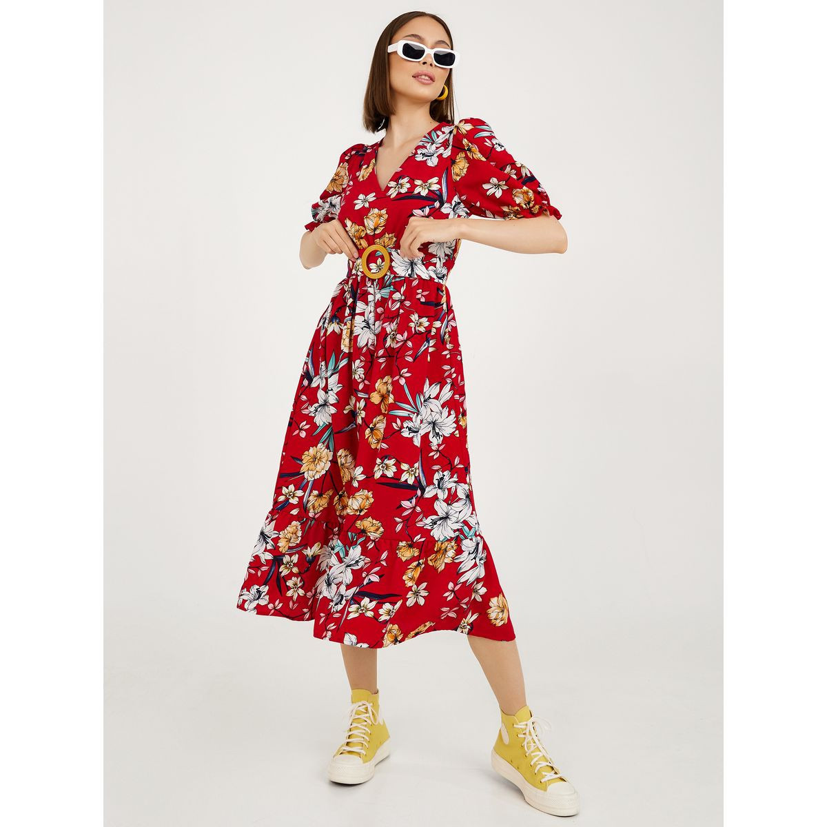 Styli Puff Sleeves Floral Print A-Line Midi Dress with Belt-women-clothing-dresses-image-2