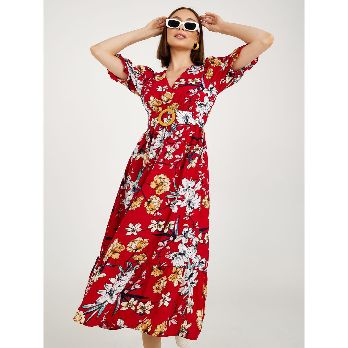 Styli Puff Sleeves Floral Print A-Line Midi Dress with Belt-women-clothing-dresses-image-3
