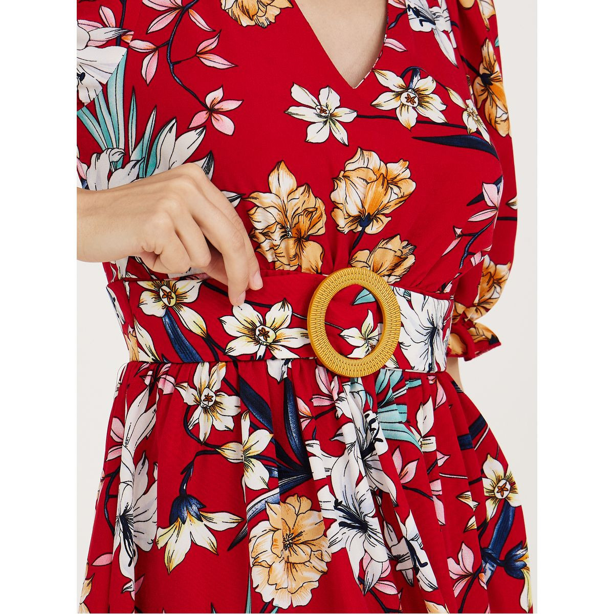 Styli Puff Sleeves Floral Print A-Line Midi Dress with Belt-women-clothing-dresses-image-4
