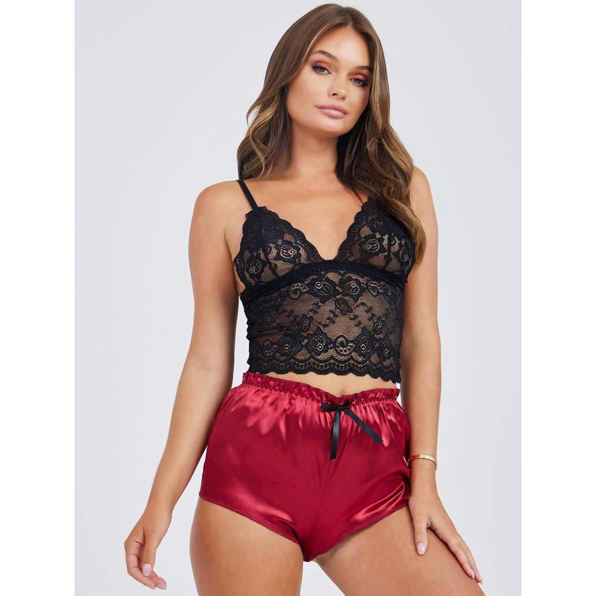 Styli Longline Lace Detail Bralette and Satin Short Set-women-clothing-lingerie-lingeriesets-image-1