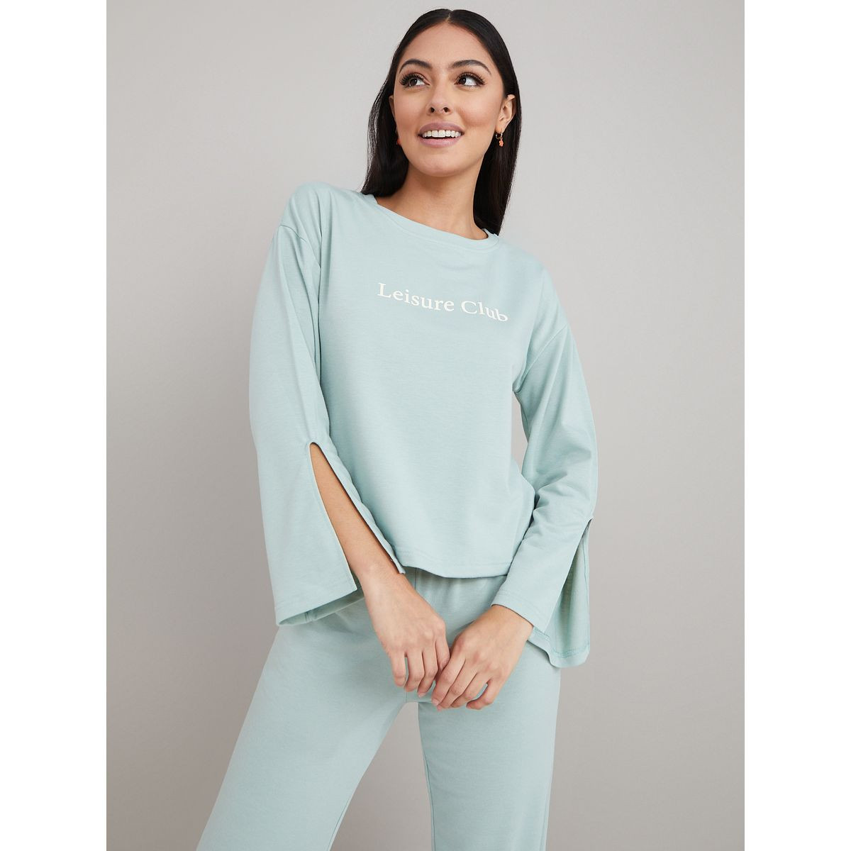 Styli Unwind Side Split Leisure Club Print T-shirt and Trouser Lounge Set-women-clothing-coordsets-image-2
