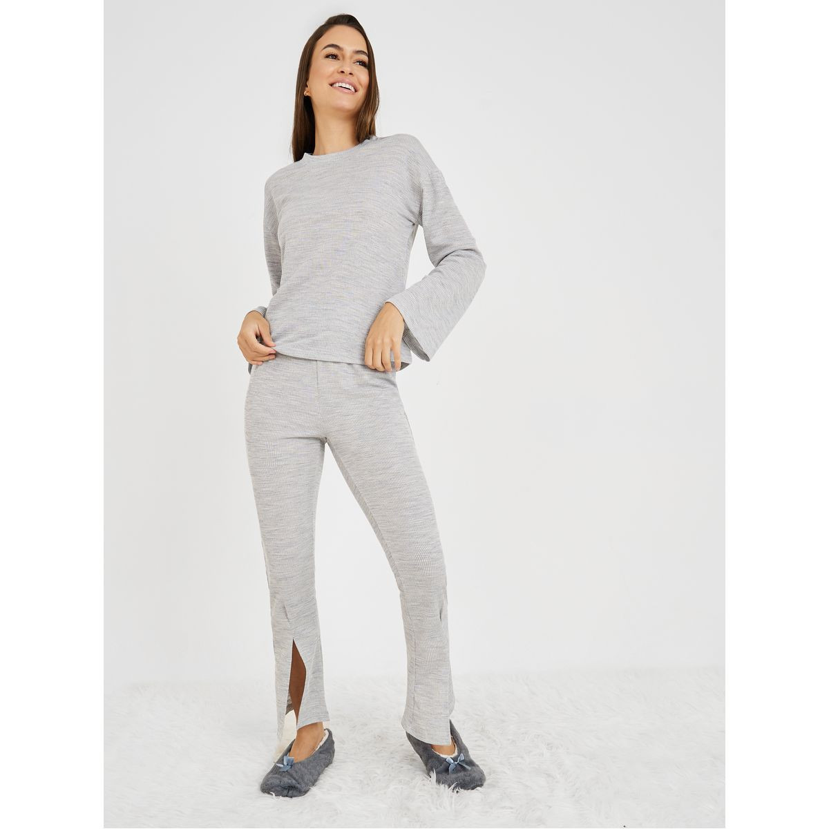 Styli Unwind Textured Rib Long Sleeves Top and Front Slit Flared Trouser Lounge Set-women-clothing-coordsets-image-1