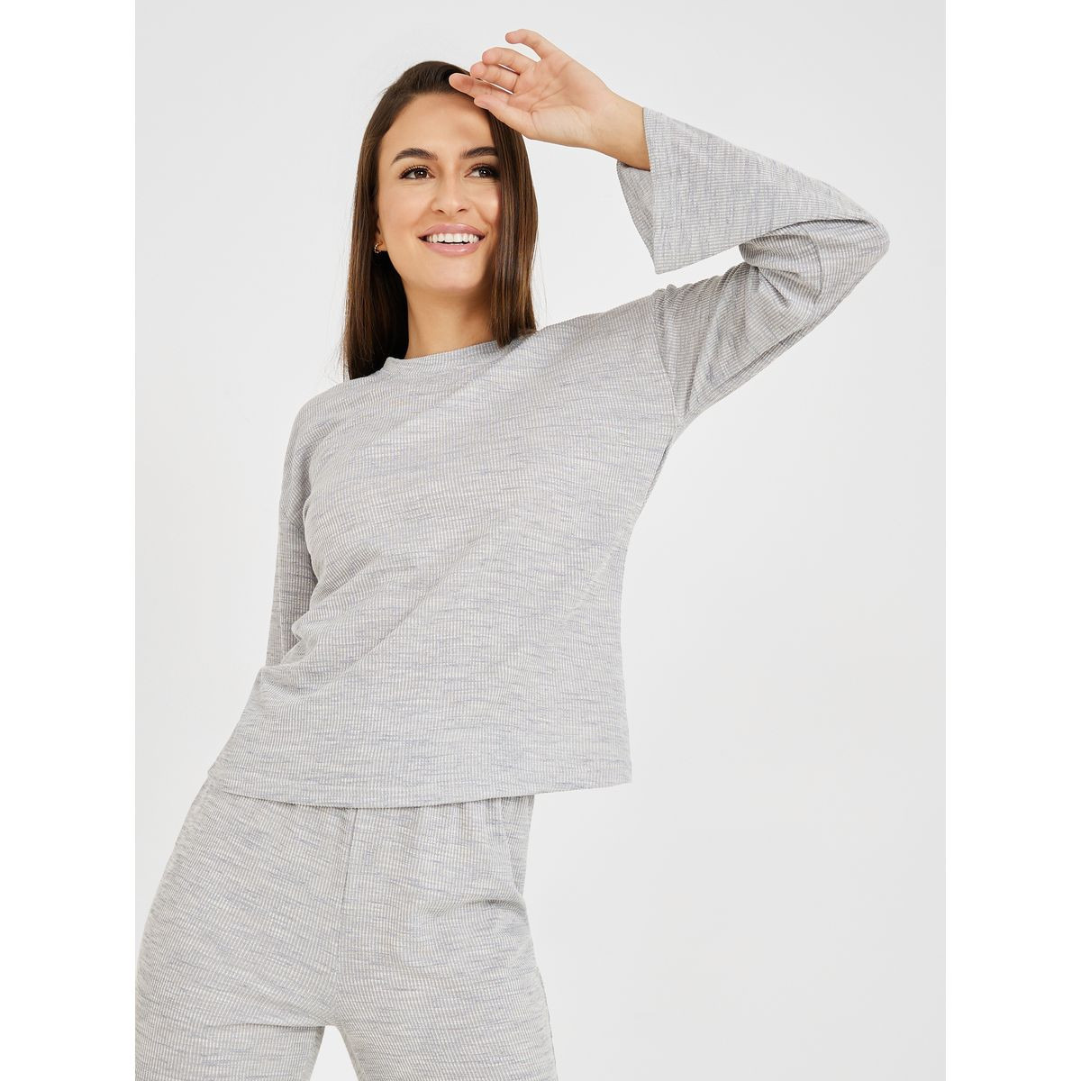 Styli Unwind Textured Rib Long Sleeves Top and Front Slit Flared Trouser Lounge Set-women-clothing-coordsets-image-2