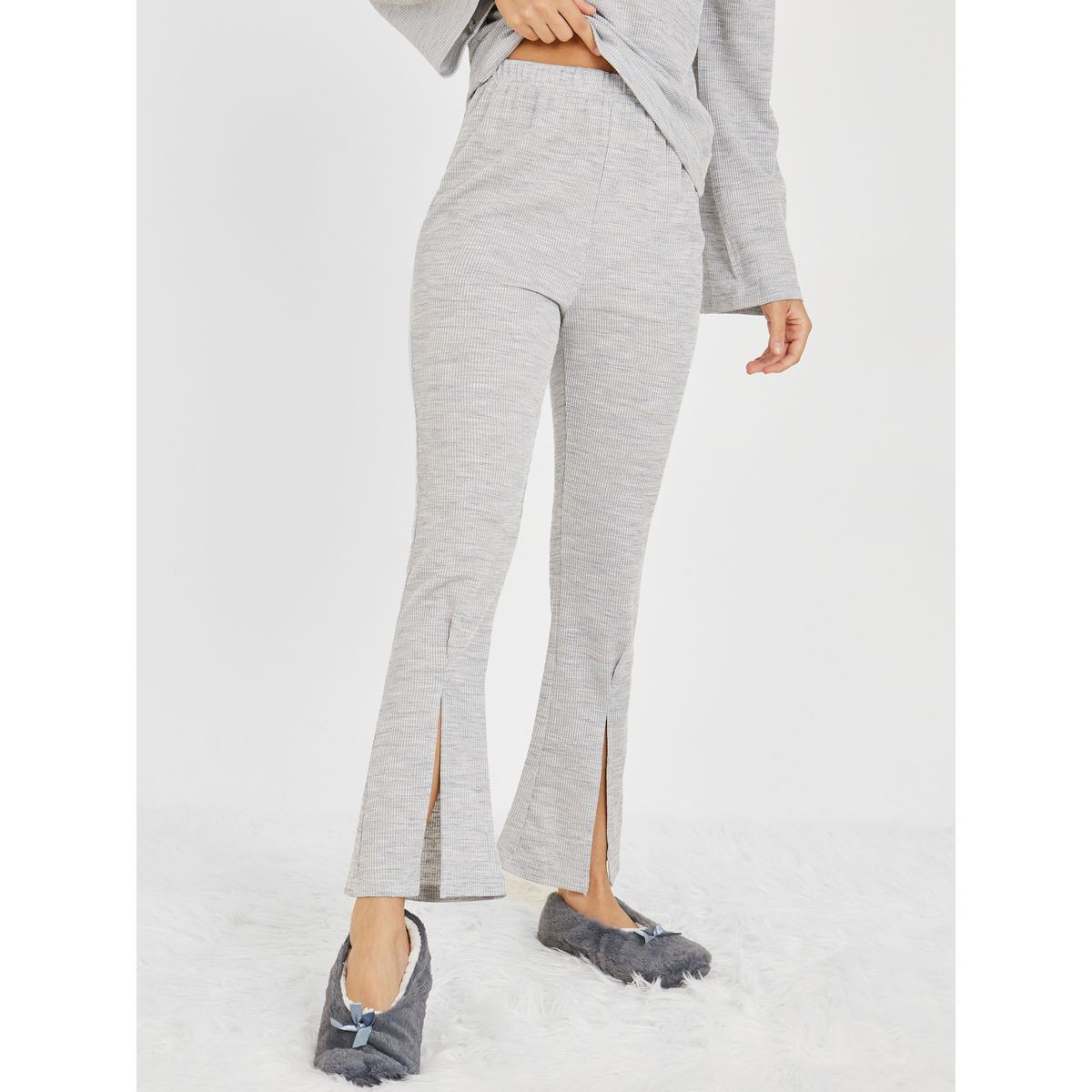 Styli Unwind Textured Rib Long Sleeves Top and Front Slit Flared Trouser Lounge Set-women-clothing-coordsets-image-4