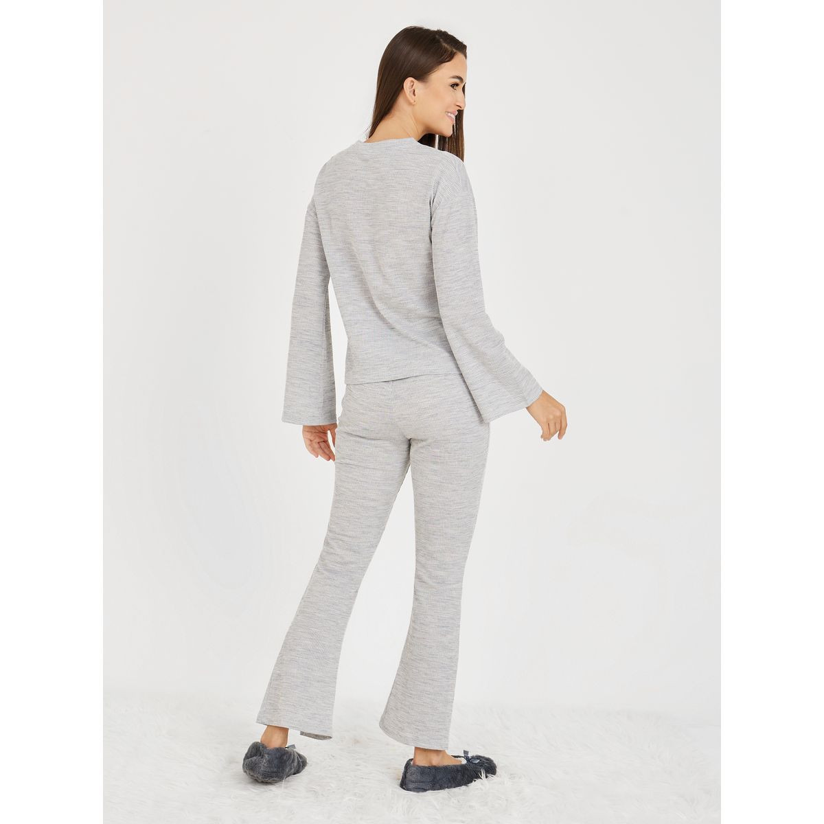 Styli Unwind Textured Rib Long Sleeves Top and Front Slit Flared Trouser Lounge Set-women-clothing-coordsets-image-5