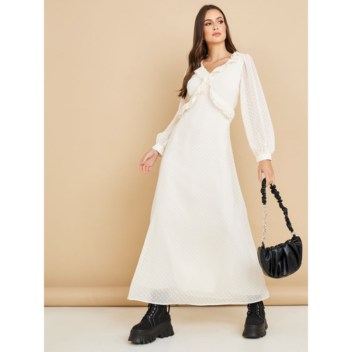Styli Sheer Long Sleeves Dobby Spot A-Line Maxi Dress-women-clothing-dresses-image-1