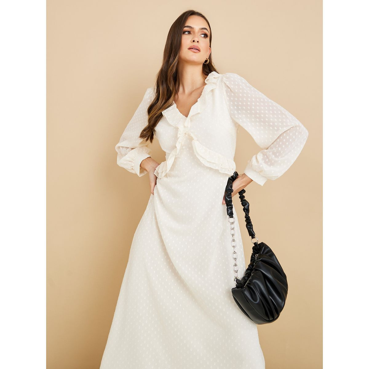 Styli Sheer Long Sleeves Dobby Spot A-Line Maxi Dress-women-clothing-dresses-image-2