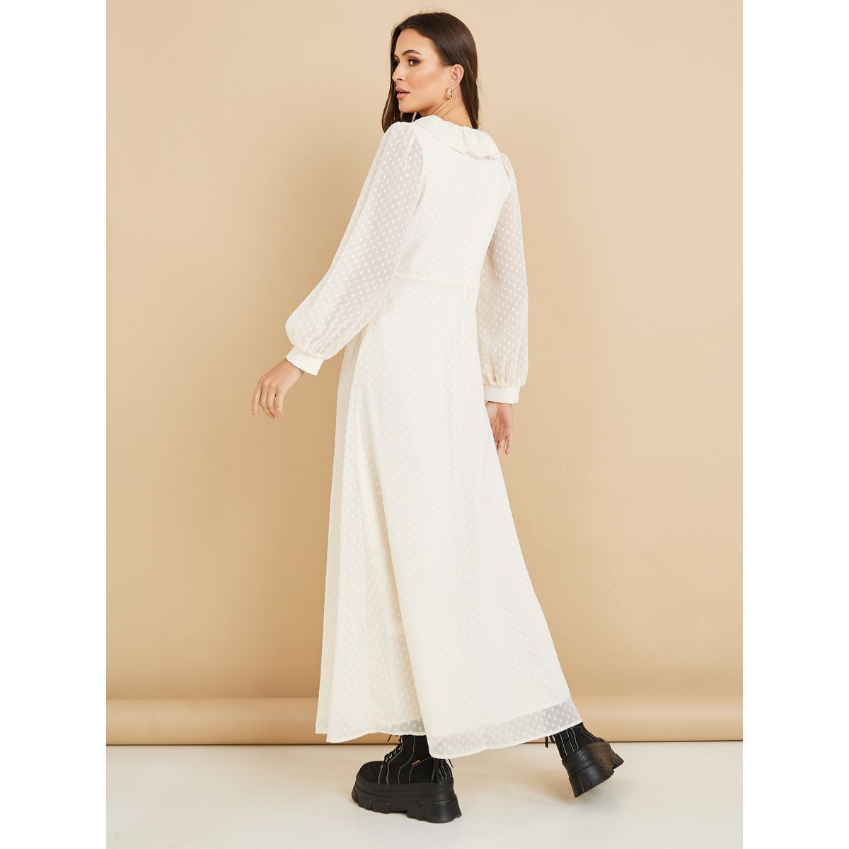Styli Sheer Long Sleeves Dobby Spot A-Line Maxi Dress-women-clothing-dresses-image-4