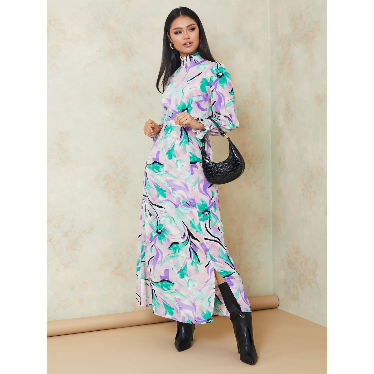 Styli Long Sleeves High Neck Floral Print A-Line Maxi Dress-women-clothing-dresses-image-1