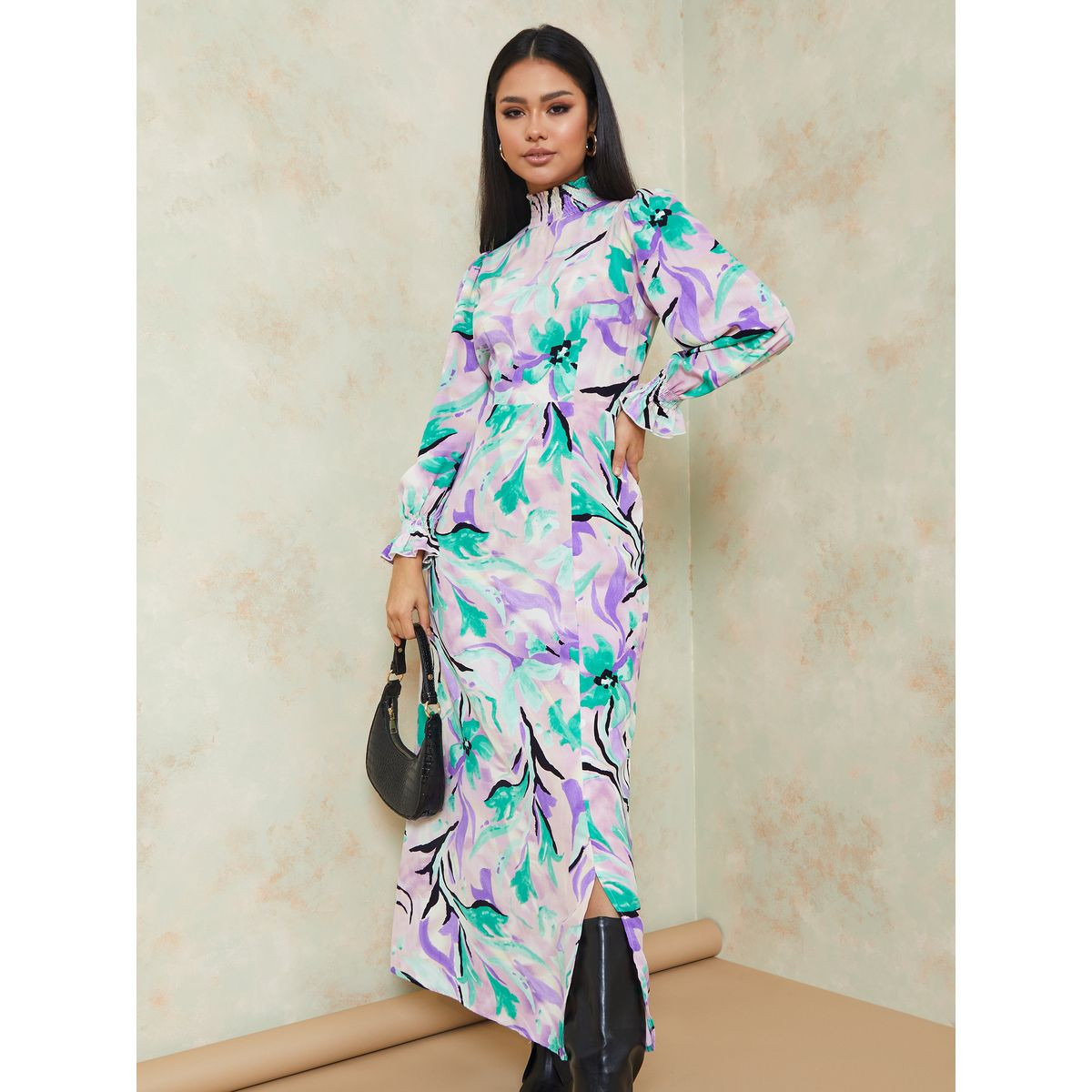 Styli Long Sleeves High Neck Floral Print A-Line Maxi Dress-women-clothing-dresses-image-2