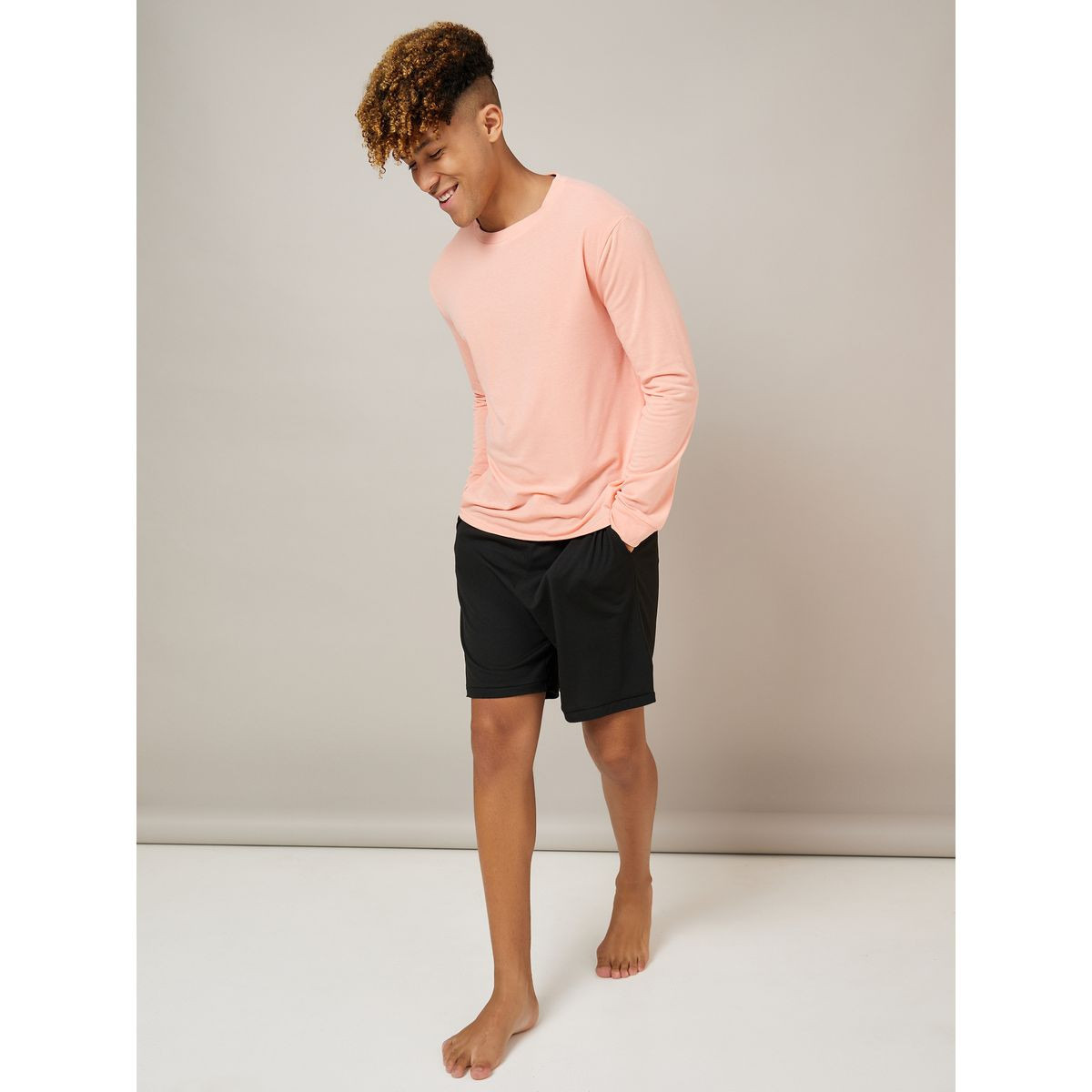 Styli Unwind Solid Long Sleeves T-shirt and Shorts Set-men-clothing-nightwear-sets-image-1