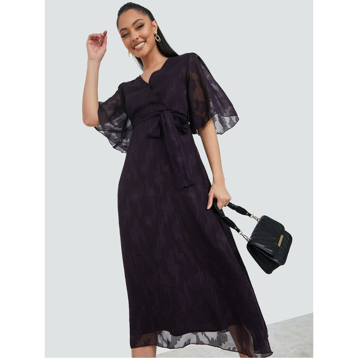Styli Angel Sleeves Jacquard Wrap Front Midi Dress-women-clothing-dresses-image-1