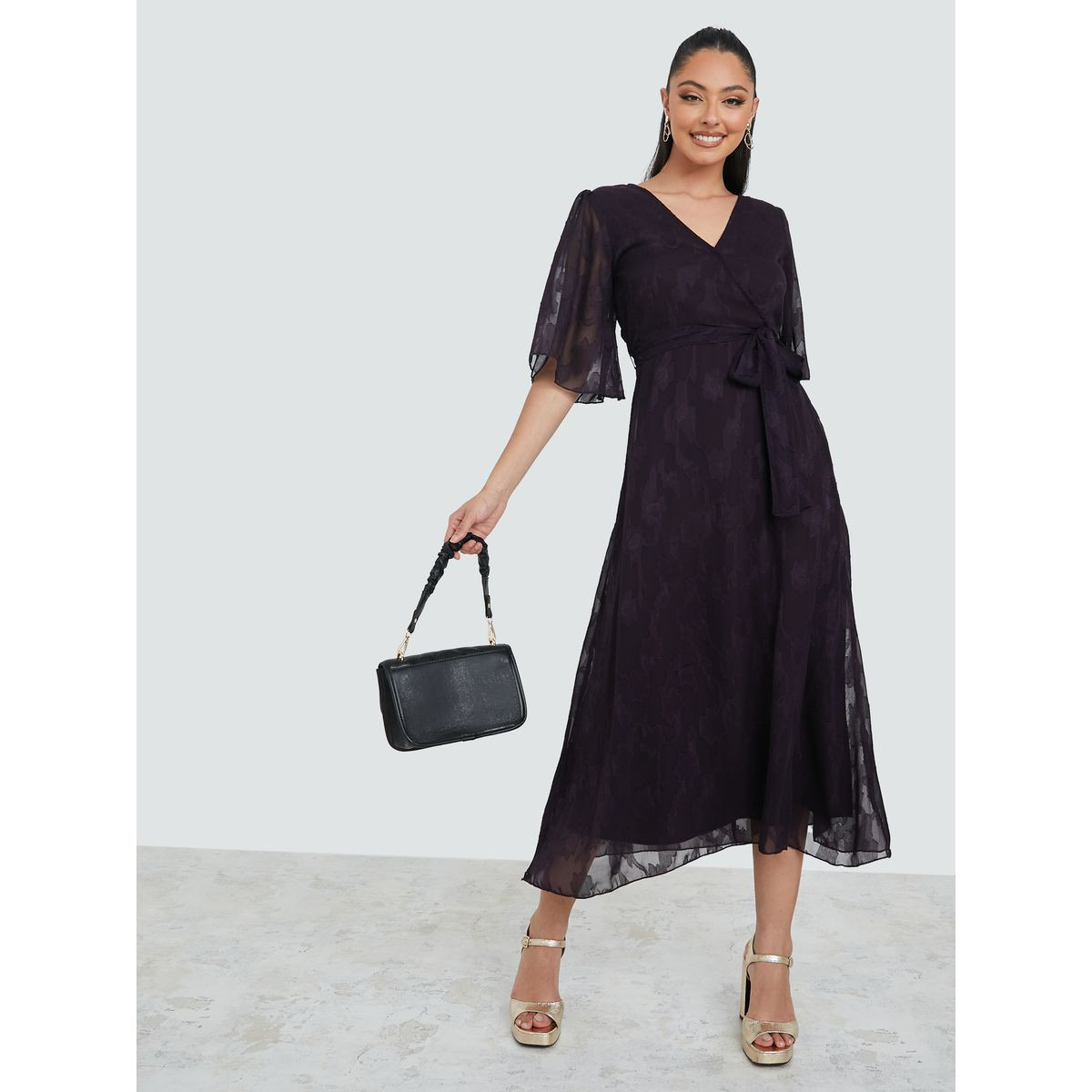 Styli Angel Sleeves Jacquard Wrap Front Midi Dress-women-clothing-dresses-image-2