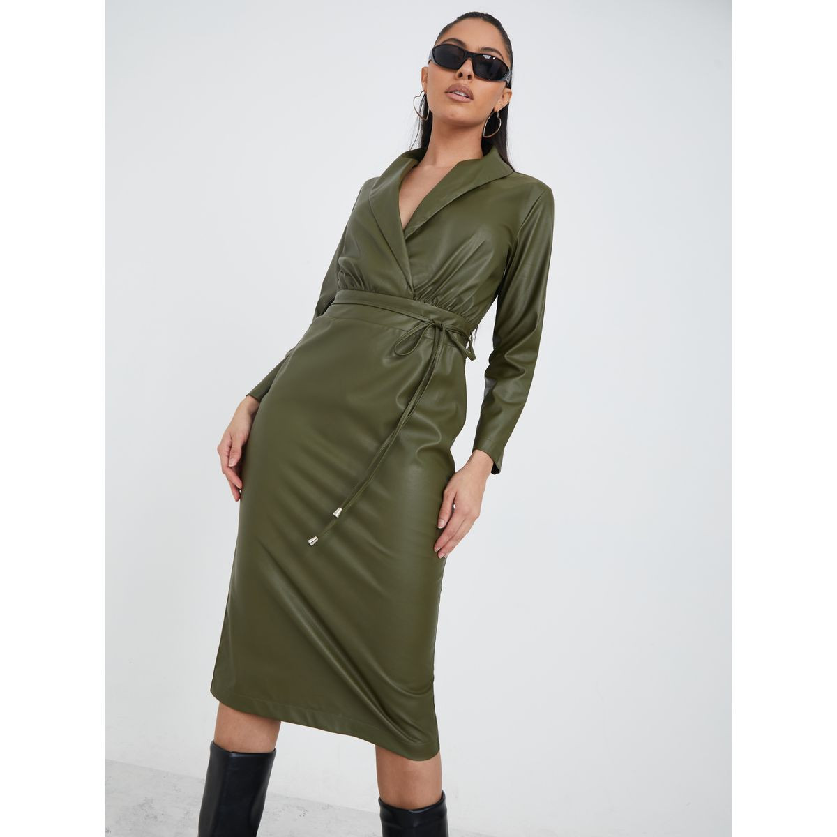 Styli Notch Lapel Leather Look Blazer Midi Dress-women-clothing-dresses-image-1