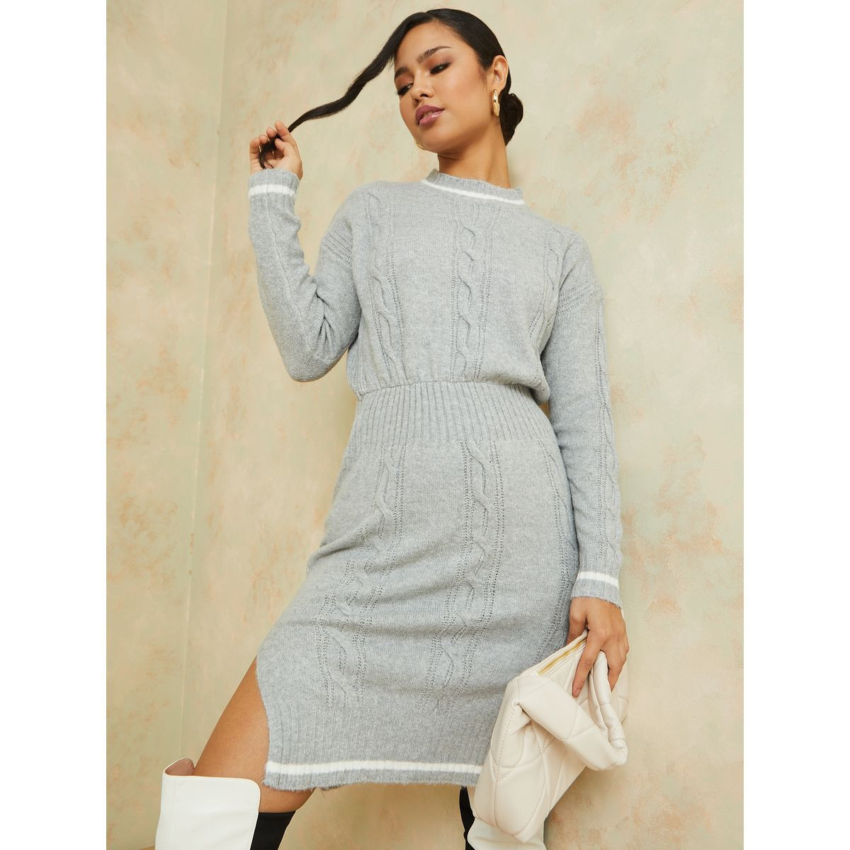 Styli High Neck Cable Knit Sweater Knee Length Winter Dress-women-clothing-dresses-image-2
