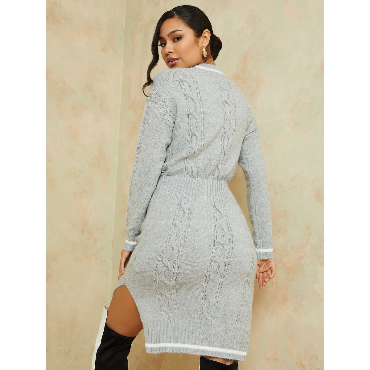 Styli High Neck Cable Knit Sweater Knee Length Winter Dress-women-clothing-dresses-image-4