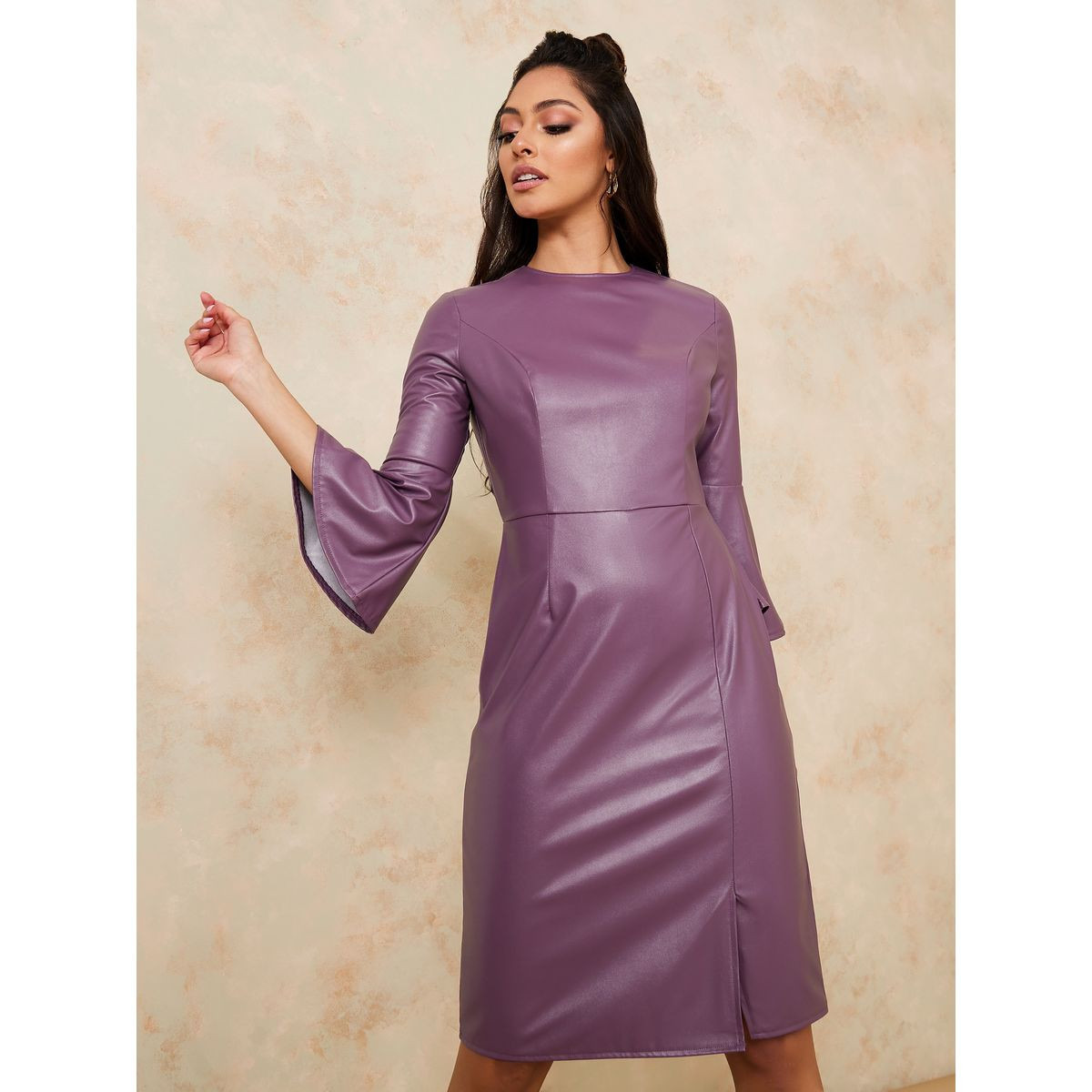 Styli 3/4 Bell Sleeves Leather Look Sheath Knee Length Dress-women-clothing-dresses-image-2