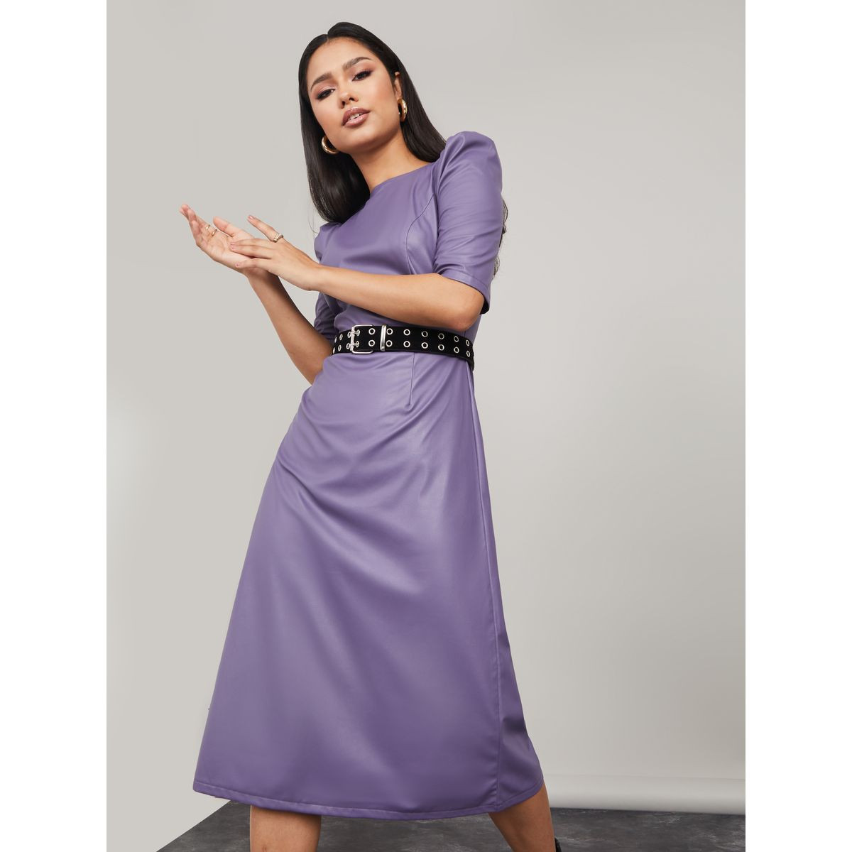 Styli Puff Sleeves Leather Look A-Line Midi Dress-women-clothing-dresses-image-1