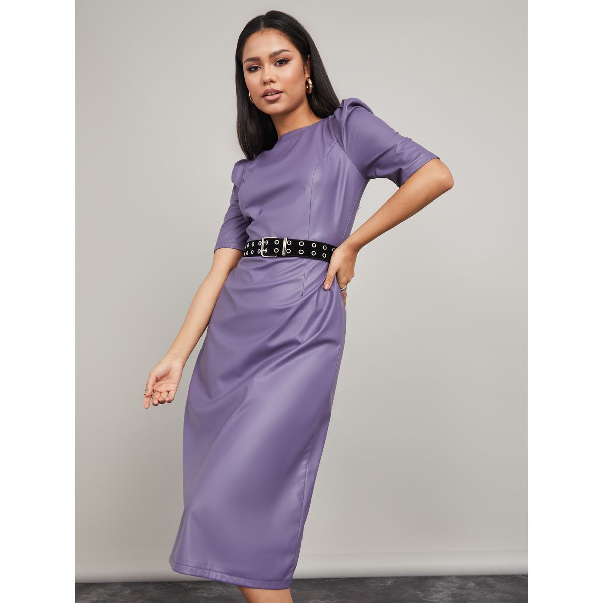 Styli Puff Sleeves Leather Look A-Line Midi Dress-women-clothing-dresses-image-5